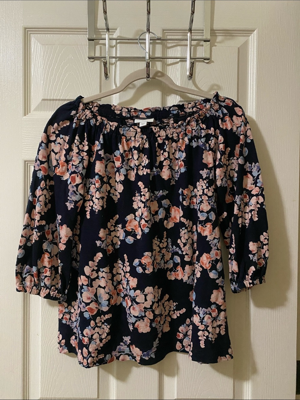 J. Jill Navy Floral Off-Shoulder Blouse with Pink and Light Blue Blooms